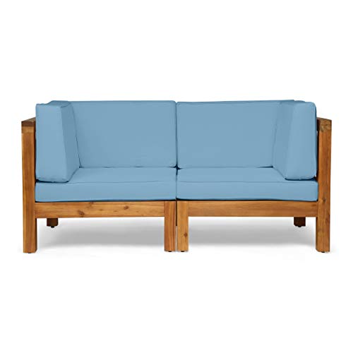 Christopher Knight Home Brava Love Seats, 30.25 "W x 30.25 "D x 26.5 "H, Teak + Blue