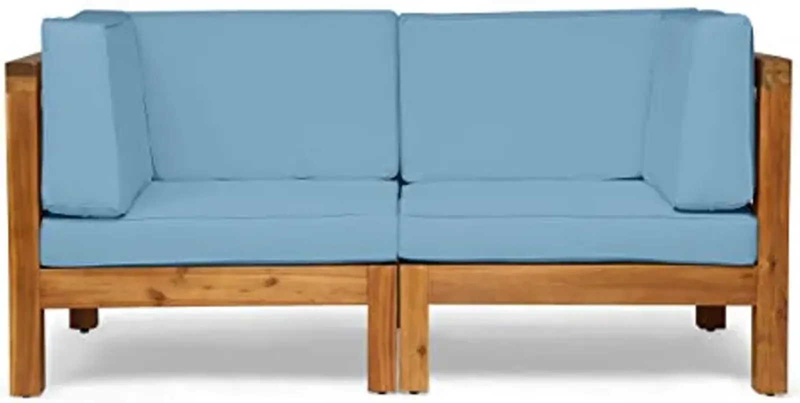 Christopher Knight Home Brava Outdoor Modular Acacia Wood Loveseat with Cushions, Teak and Blue