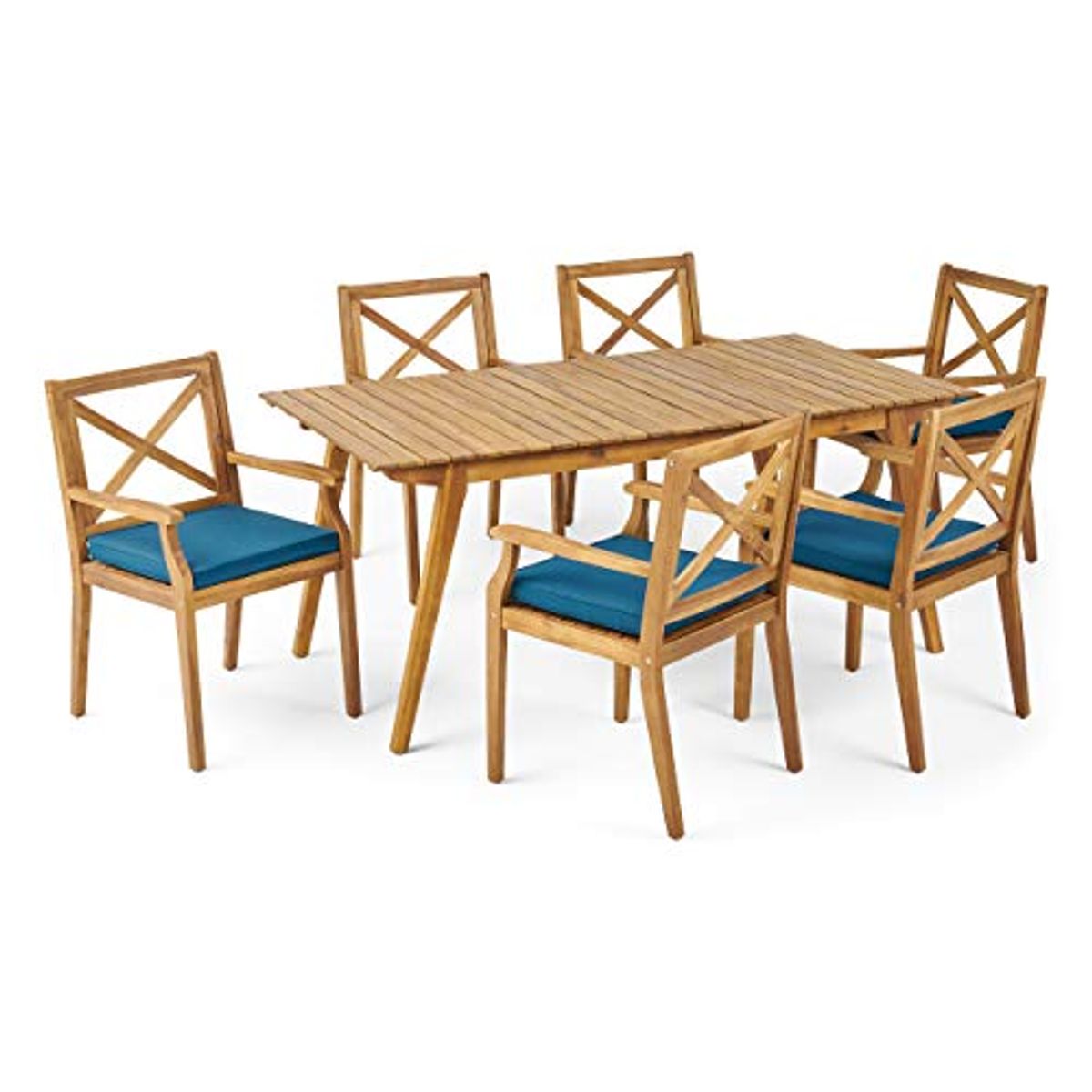 Christopher Knight Home Mesa Outdoor 6 Seater Acacia Wood Dining Set with Water Resistant Cushions, 21.25 "W x 23.25 "D x 35.5 "H, Teak + Blue