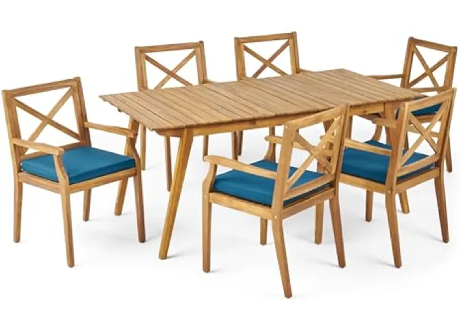 Christopher Knight Home Mesa Outdoor 6 Seater Acacia Wood Dining Set with Water Resistant Cushions, 21.25 "W x 23.25 "D x 35.5 "H, Teak + Blue