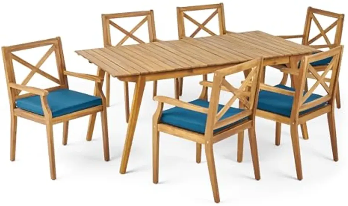 Christopher Knight Home Mesa Outdoor 6 Seater Acacia Wood Dining Set with Water Resistant Cushions, 21.25 "W x 23.25 "D x 35.5 "H, Teak + Blue