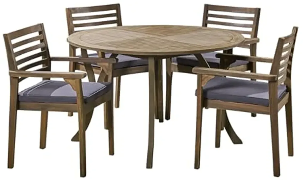 Christopher Knight Home Marigny Outdoor Acacia Wood 5 Piece Dining Set with Carved Legs Round Table and Water Resistant Cushion, 22.75 "W x 22.75 "D x 33.25 "H, Gray + Dark Gray