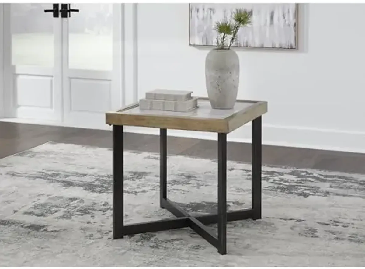 Signature Design by Ashley Montia Modern Stone-Tabletop End Table with Cross Legs, Dark Brown & Black