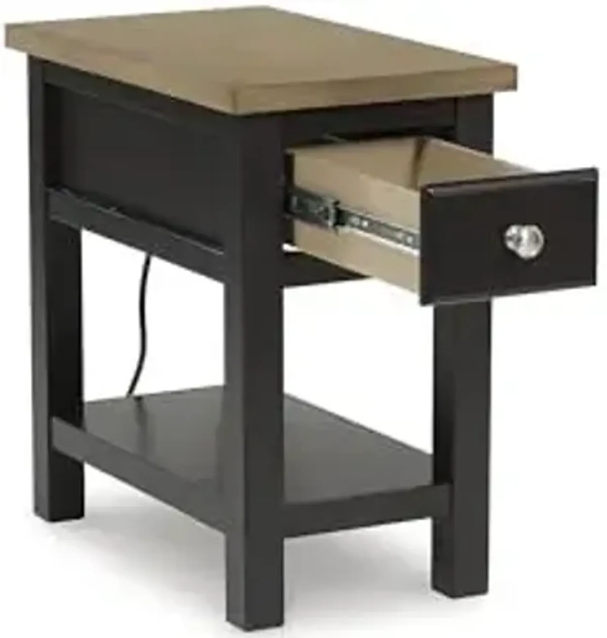 Signature Design by Ashley Drazmine Casual 1 Drawer Chair Side End Table with USB Charging Ports, 1 Lower Shelf and Power Cord, Light Brown & Black