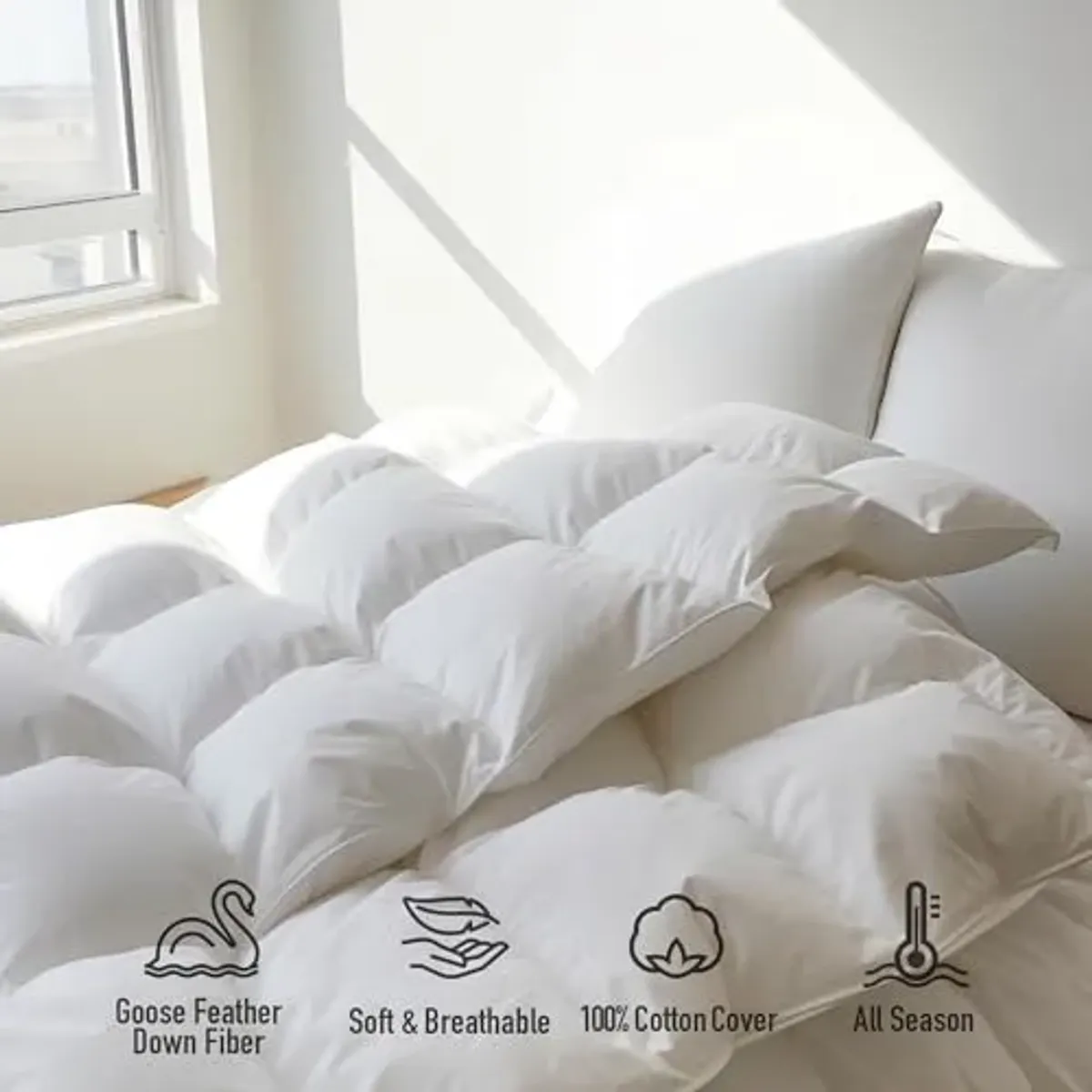 Luxurious Twin Size Goose Feather Down Fiber Comforter Duvet Insert,Fluffy Ultra-Soft 100% Cotton, Hotel Collection Comforter, 44 oz Fill Weight, All Season Medium Warmth 68 x 90 Inch White Solid