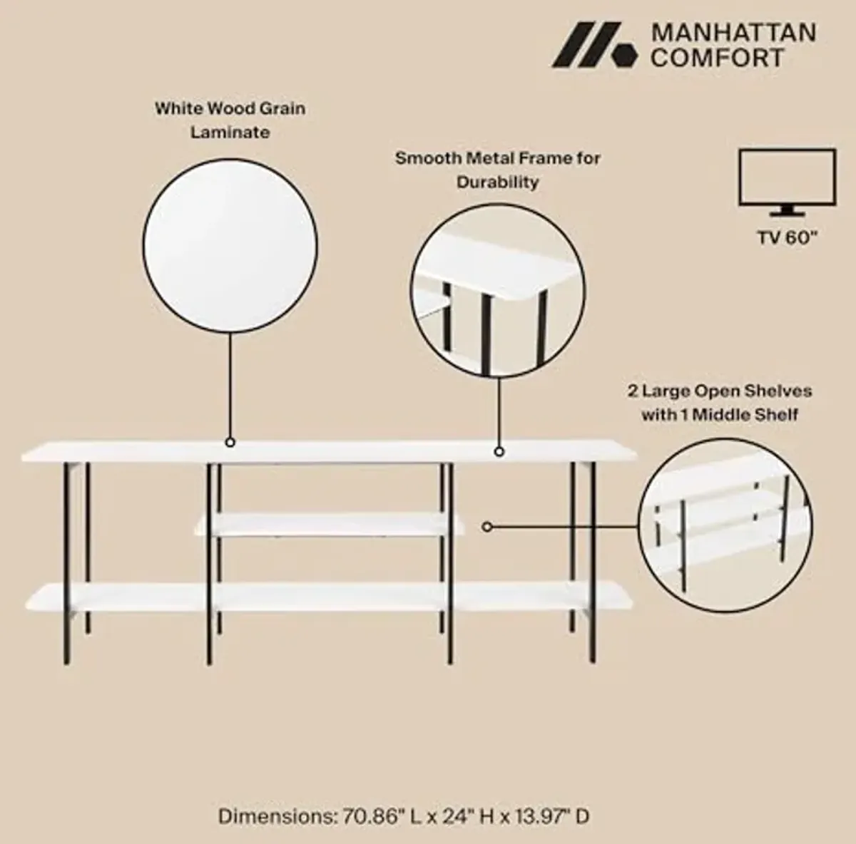 Manhattan Comfort Celine 70" Sideboard with 3 Shelves, TV Stand for Televisions up to 60", Ideal for Living Room, Entryway or Home Office, Modern Console Table for Home Decor Display, White