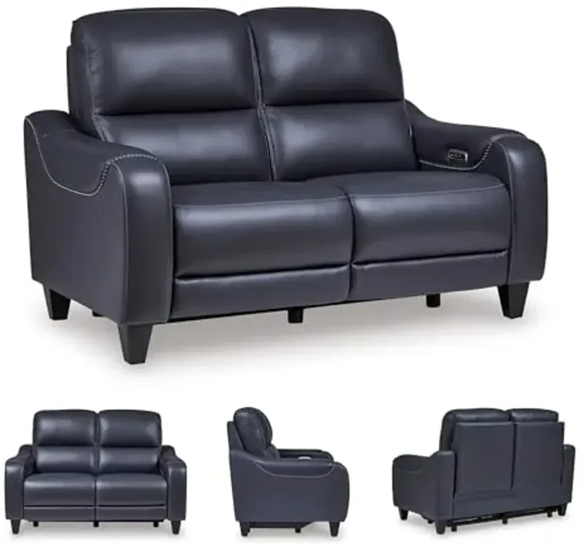 Signature Design by Ashley Mercomatic Contemporary Leather Match Wall Hugger Power Reclining Loveseat with Adjustable Headrest and USB Ports, Blue