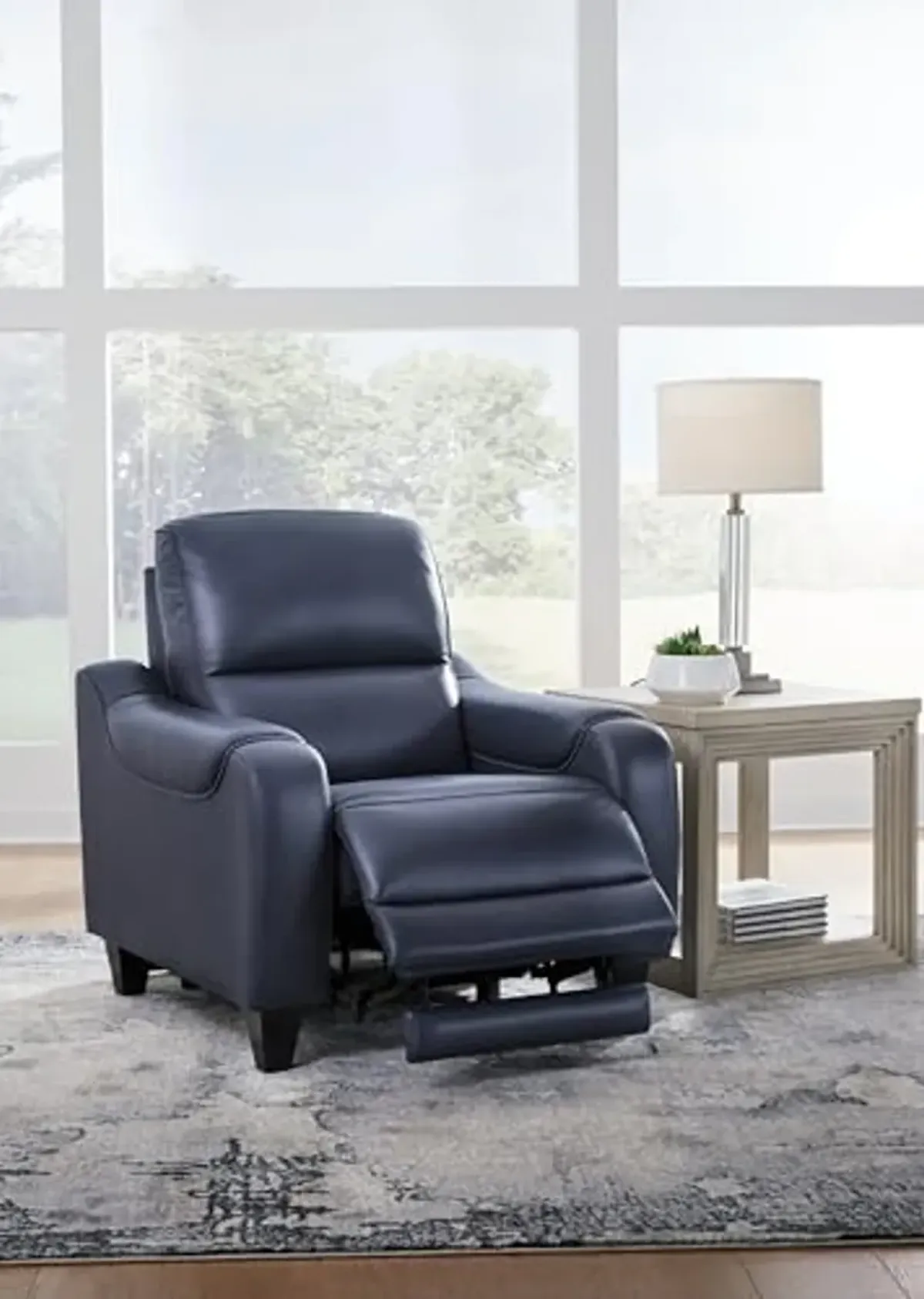 Signature Design by Ashley Mercomatic Contemporary Leather Match Wall Hugger Power Recliner with Adjustable Headrest and USB Ports, Blue