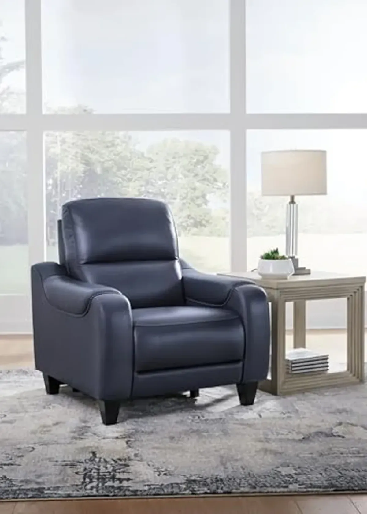 Signature Design by Ashley Mercomatic Contemporary Leather Match Wall Hugger Power Recliner with Adjustable Headrest and USB Ports, Blue