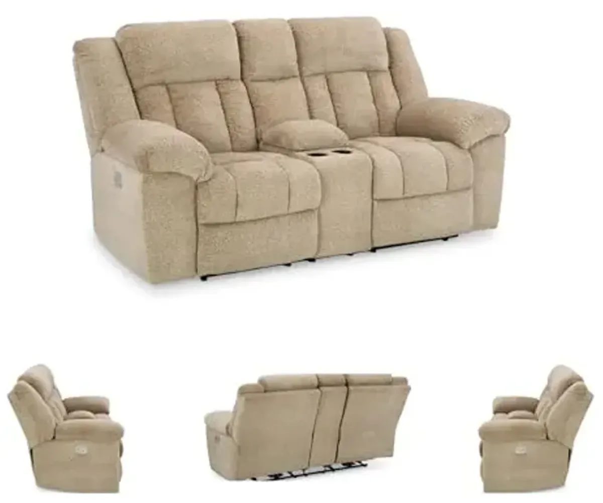 Signature Design by Ashley Tip-Off Classic Wall Hugger Power Reclining Loveseat with Adjustable Headrest, USB Ports, Storage and Cup Holders, Light Brown