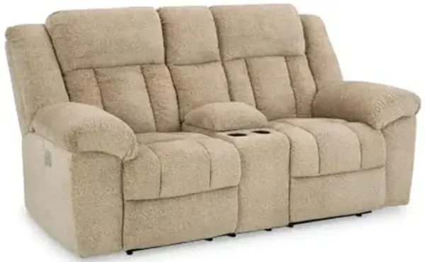 Signature Design by Ashley Tip-Off Classic Wall Hugger Power Reclining Loveseat with Adjustable Headrest, USB Ports, Storage and Cup Holders, Light Brown