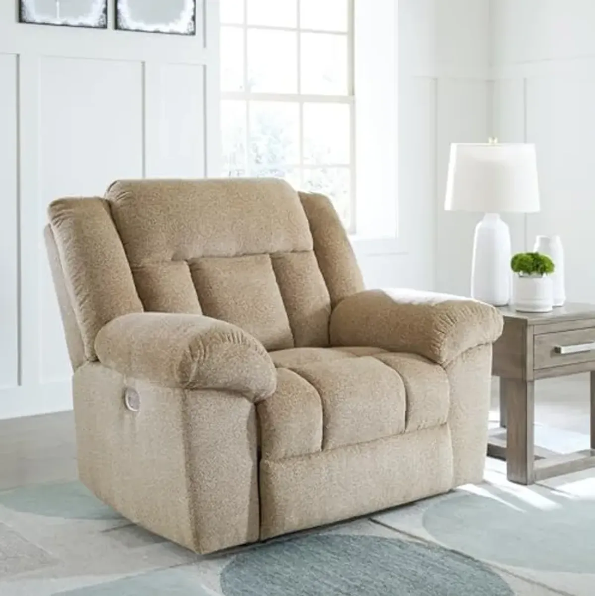 Signature Design by Ashley Tip-Off Classic Wall Hugger Power Recliner with Adjustable Headrest and USB Ports, Light Brown