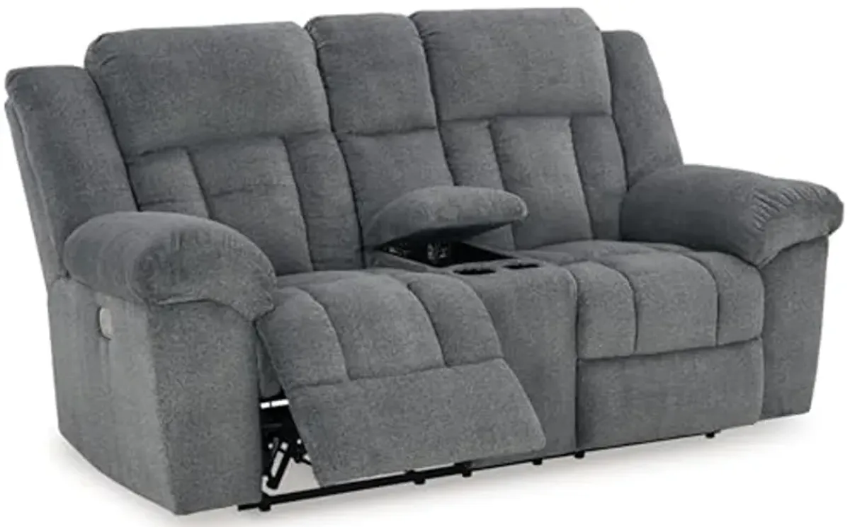 Signature Design by Ashley Tip-Off Modern Wall Hugger Power Reclining Loveseat with Adjustable Headrest, USB Ports, Storage and Cup Holders, Gray