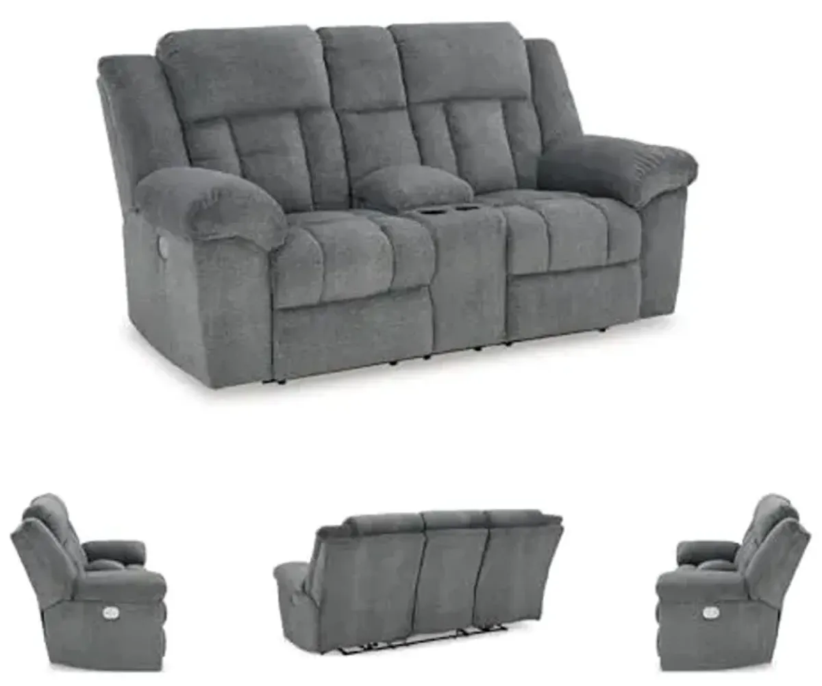 Signature Design by Ashley Tip-Off Modern Wall Hugger Power Reclining Loveseat with Adjustable Headrest, USB Ports, Storage and Cup Holders, Gray