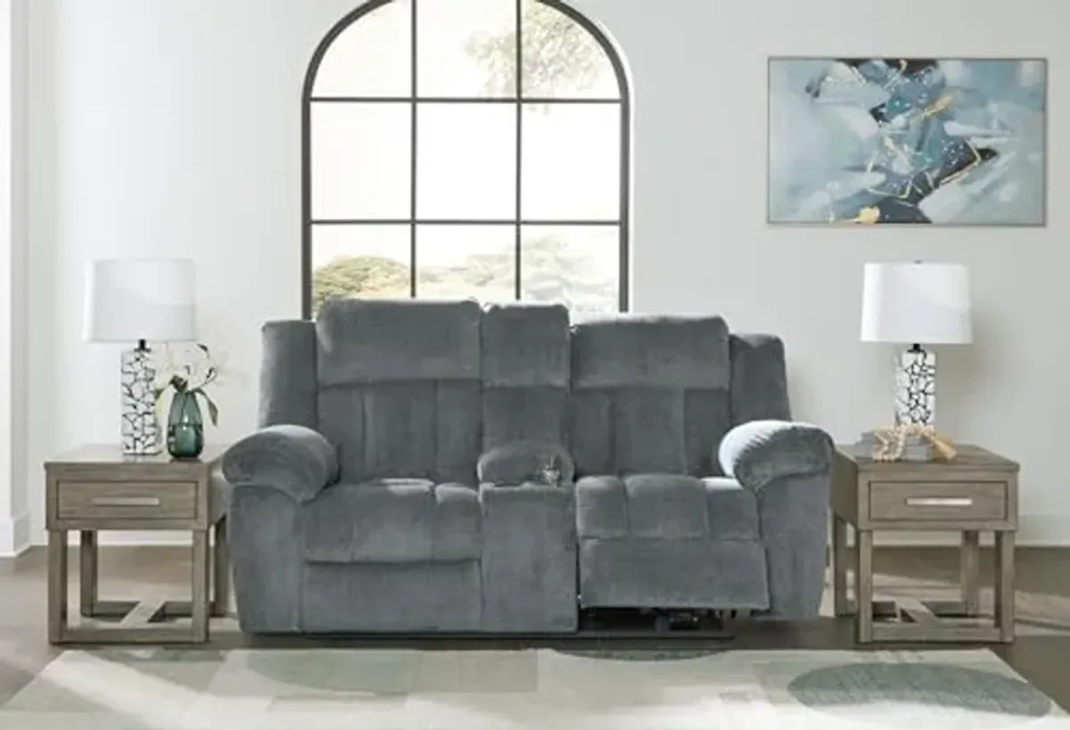 Signature Design by Ashley Tip-Off Modern Wall Hugger Power Reclining Loveseat with Adjustable Headrest, USB Ports, Storage and Cup Holders, Gray