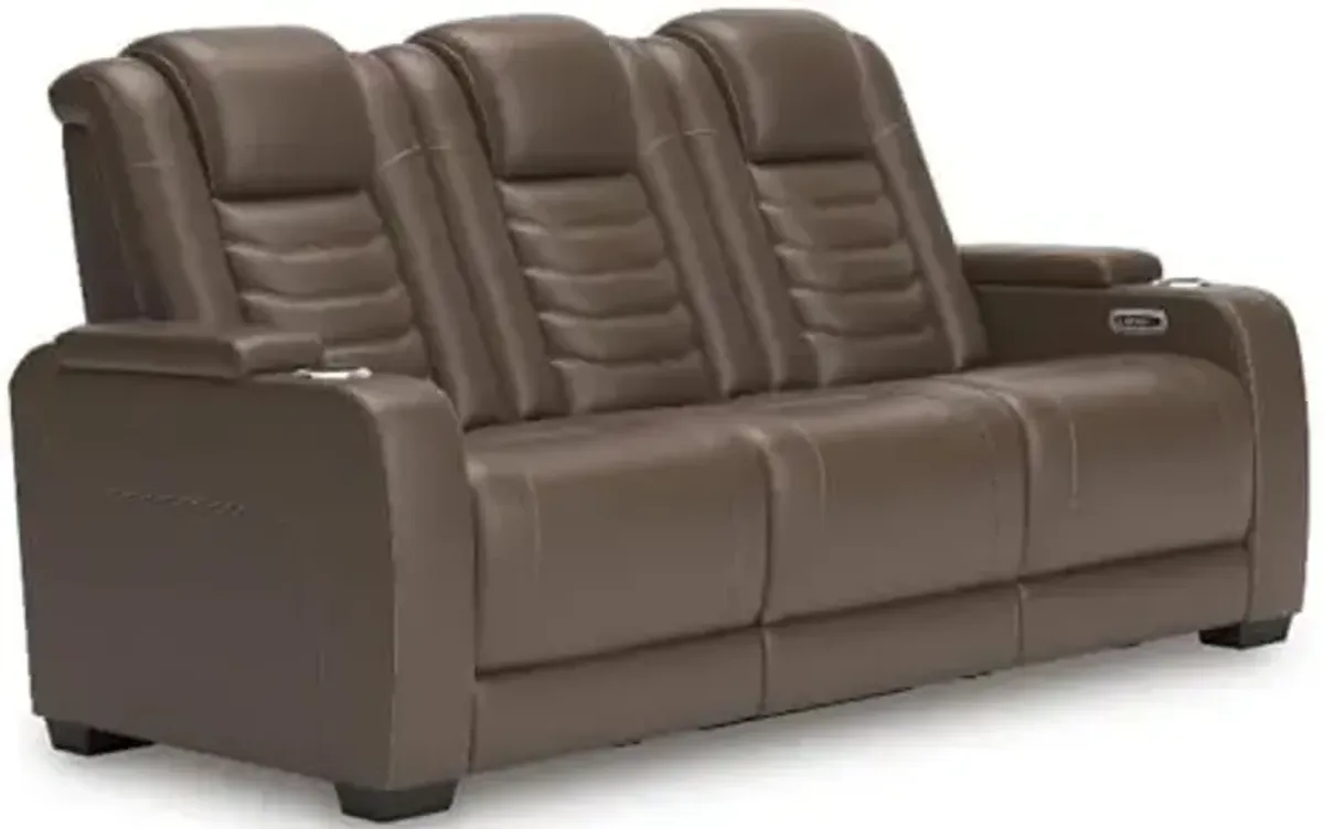 Signature Design by Ashley High Impact Contemporary Leather Match Power Reclining Sofa with Drop-Down Table, Adjustable Headrest, Wireless and USB Ports, Dark Brown