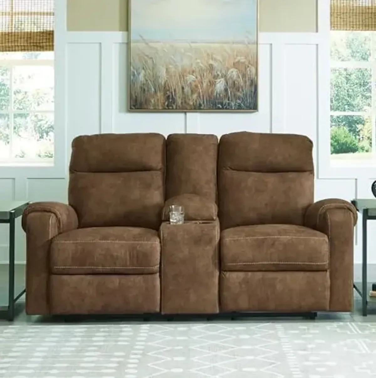 Signature Design by Ashley Edenwold Contemporary Faux Leather Manual Reclining Loveseat with Console, Storage and Cup Holders, Dark Brown