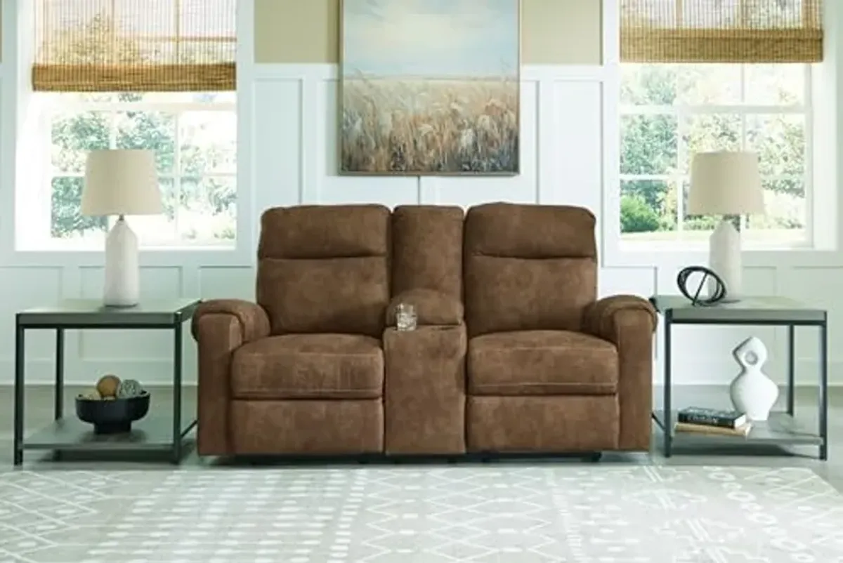 Signature Design by Ashley Edenwold Contemporary Faux Leather Manual Reclining Loveseat with Console, Storage and Cup Holders, Dark Brown