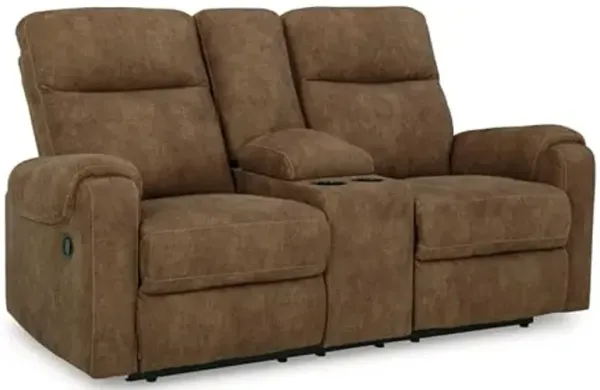 Signature Design by Ashley Edenwold Contemporary Faux Leather Manual Reclining Loveseat with Console, Storage and Cup Holders, Dark Brown