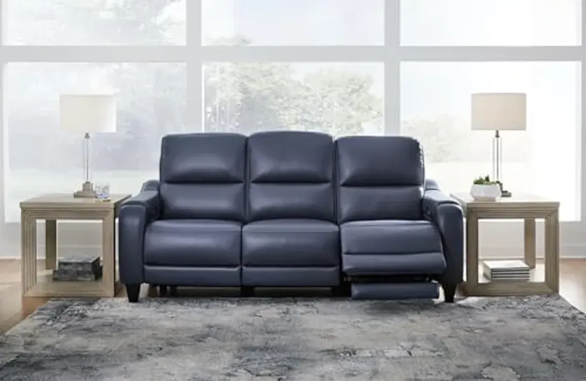 Signature Design by Ashley Mercomatic Contemporary Leather Match Wall Hugger Power Reclining Sofa with Adjustable Headrest and USB Ports, Blue