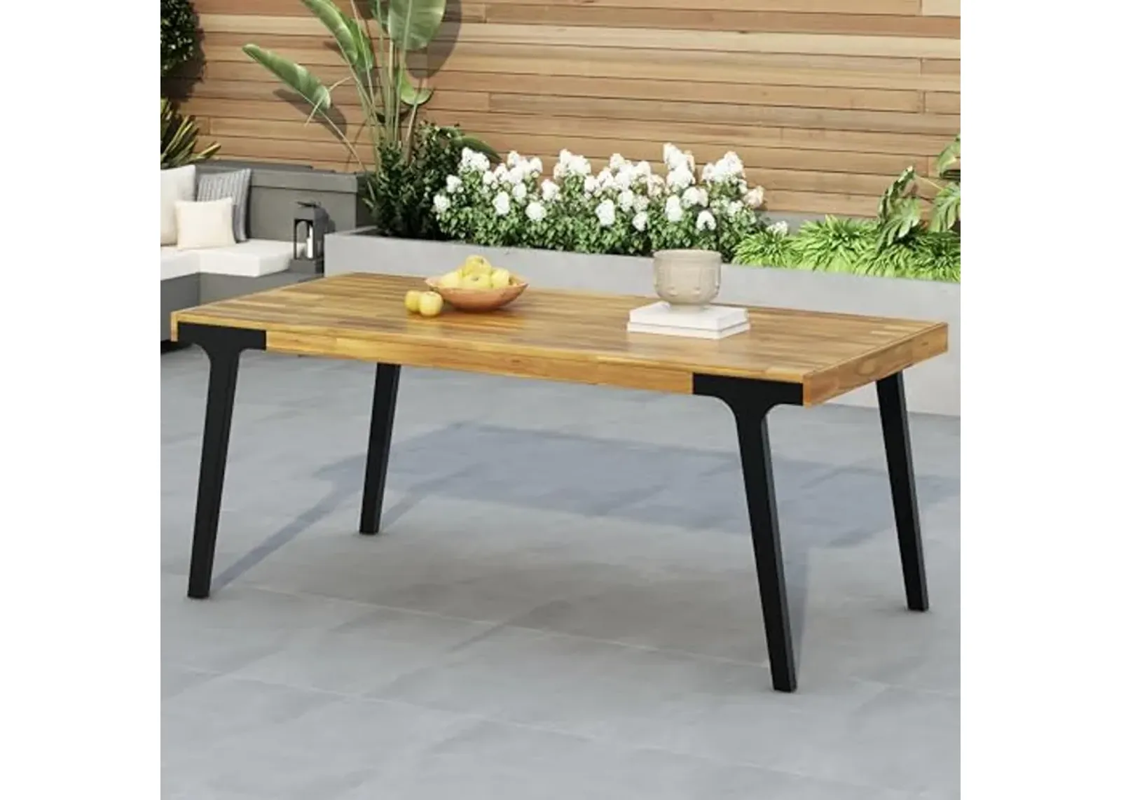 Christopher Knight Home Harpe Outdoor Patio Acacia Wood Dining Table Rectangular, Wood Slat Panel Top Dining Table, Dining Table for Backyard, Garden, Lawn,Teak Finish+Black 32.00" Dx69.00 Wx30.00 H