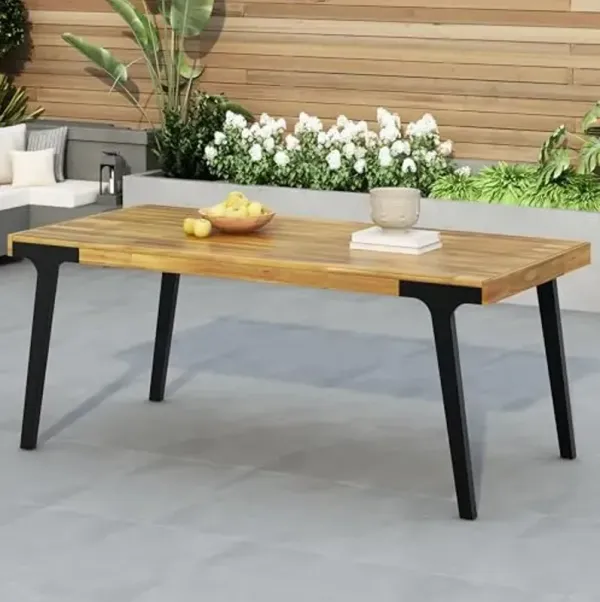 Christopher Knight Home Harpe Outdoor Patio Acacia Wood Rectangular Dining Table, Wood Slat Panel Top, Teak Finish+Black 32.00" Dx69.00" Wx30.00" H