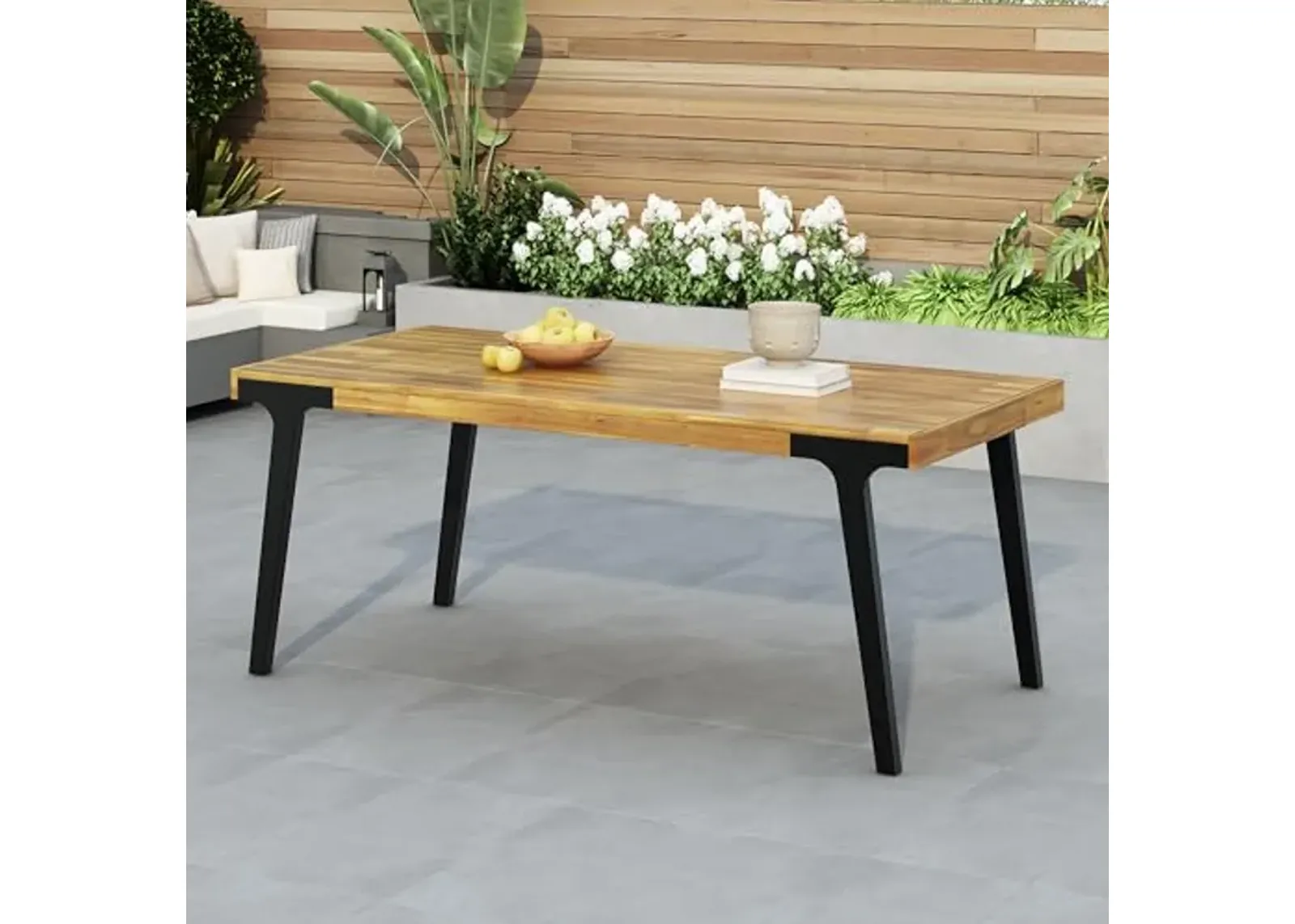 Christopher Knight Home Harpe Outdoor Patio Acacia Wood Dining Table for Backyard, Garden, Lawn, Porch, Teak Finish+Black