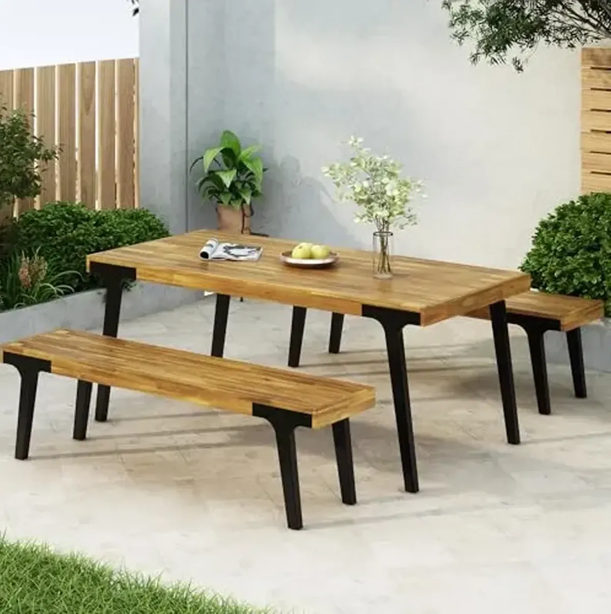 Christopher Knight Home 3 Piece Patio Dining Table,Acacia Wood Table Bench Dining Set,2 Wood Benches with 69'' Large Dining Table,Industrial Style Dining Furniture Set for Outdoor Deck, Yard, Porch