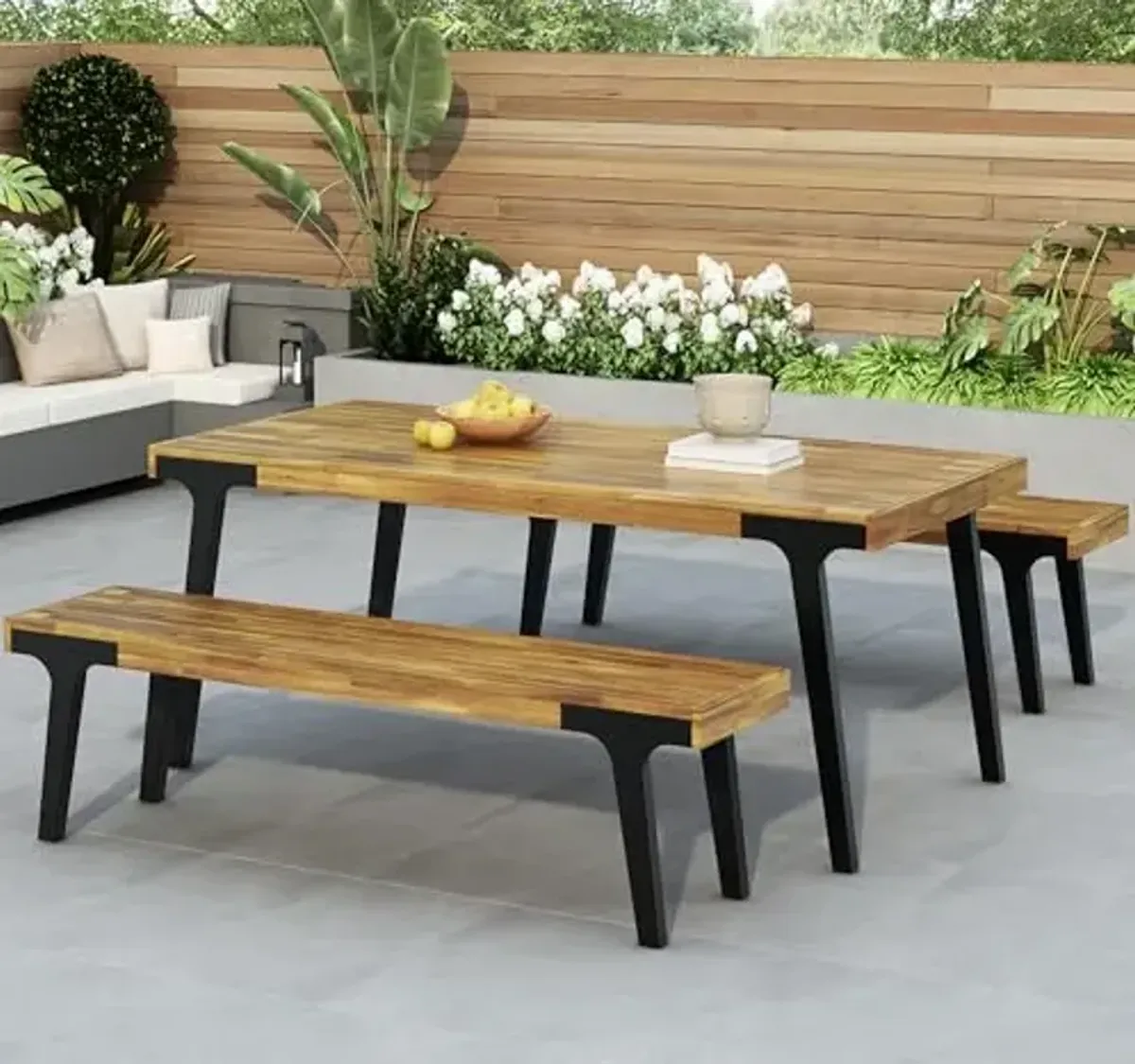 Christopher Knight Home 3 Piece Patio Dining Table,Acacia Wood Table Bench Dining Set,2 Wood Benches with 69'' Large Dining Table,Industrial Style Dining Furniture Set for Outdoor Deck, Yard, Porch