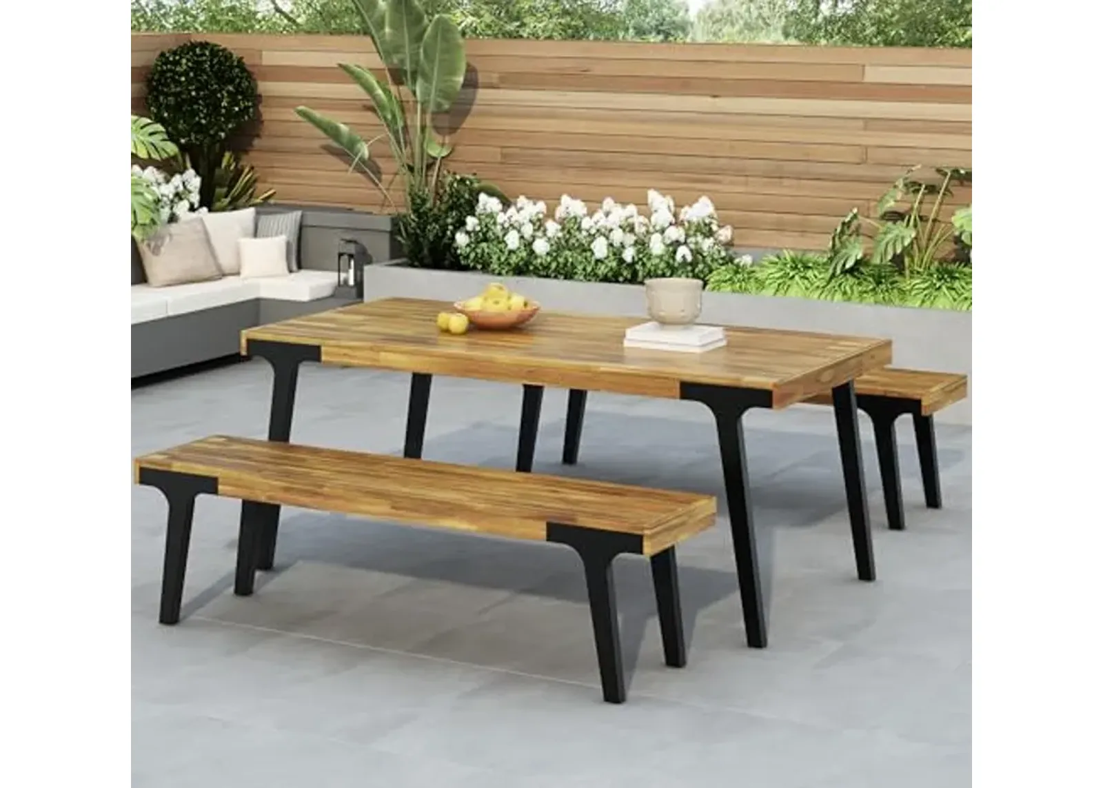 Christopher Knight Home 3 Piece Patio Dining Table,Acacia Wood Table Bench Dining Set,2 Wood Benches with 69'' Large Dining Table,Industrial Style Dining Furniture Set for Outdoor Deck, Yard, Porch