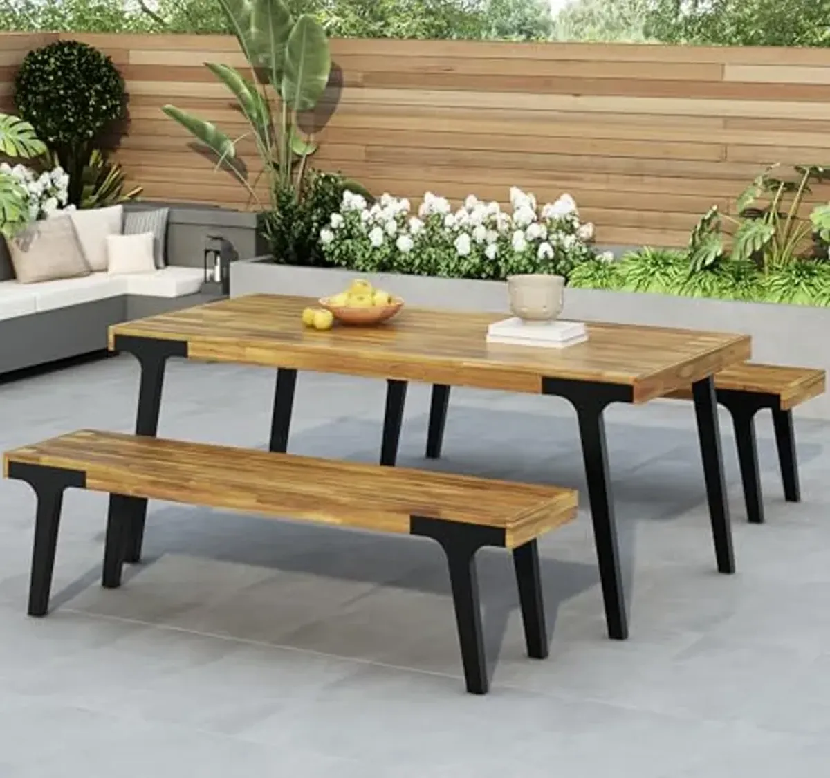 Christopher Knight Home 3 Piece Patio Dining Table,Acacia Wood Table Bench Dining Set,2 Wood Benches with 69'' Large Dining Table,Industrial Style Dining Furniture Set for Outdoor Deck, Yard, Porch