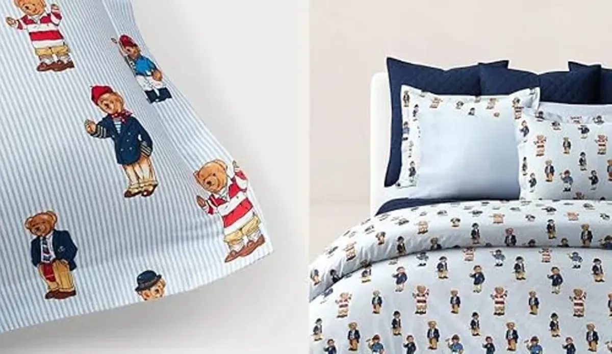 POLO RALPH LAUREN Blue Stripe Teddy Bear Boy 2 pc Twin Duvet Cover Set Blue White