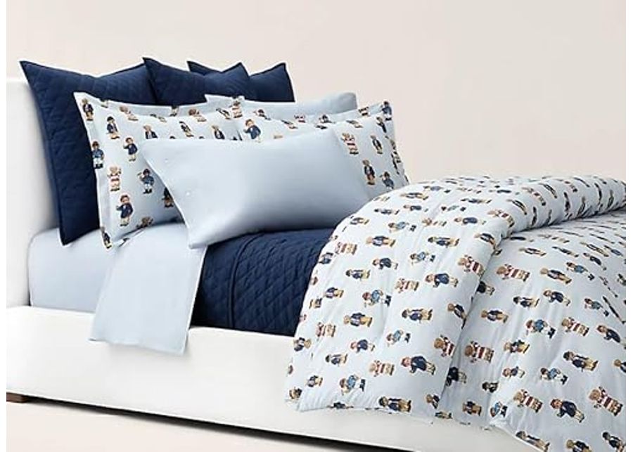 POLO RALPH LAUREN Blue Stripe Teddy Bear Boy 2 pc Twin Duvet Set Blue White