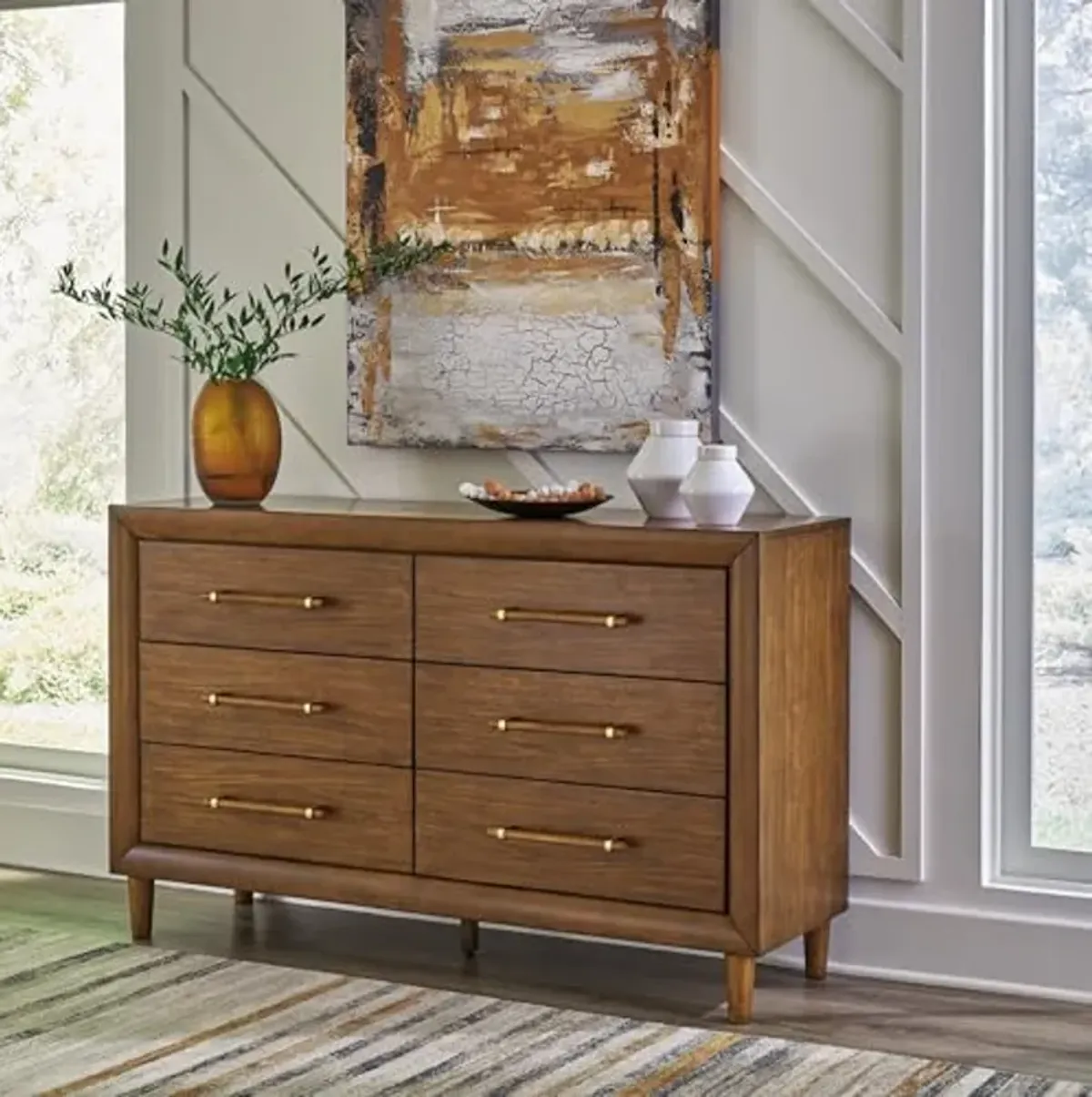 Signature Design by Ashley Lyncott Mid-Century Modern 6-Drawer Dresser with Safety Stop and Felt Lined Top Drawers, Dark Brown