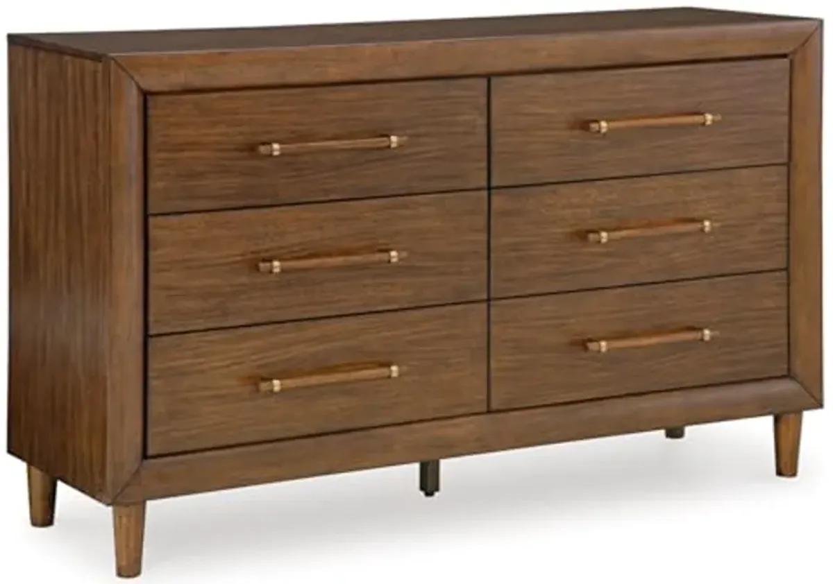 Signature Design by Ashley Lyncott Mid-Century Modern 6-Drawer Dresser with Safety Stop and Felt Lined Top Drawers, Dark Brown