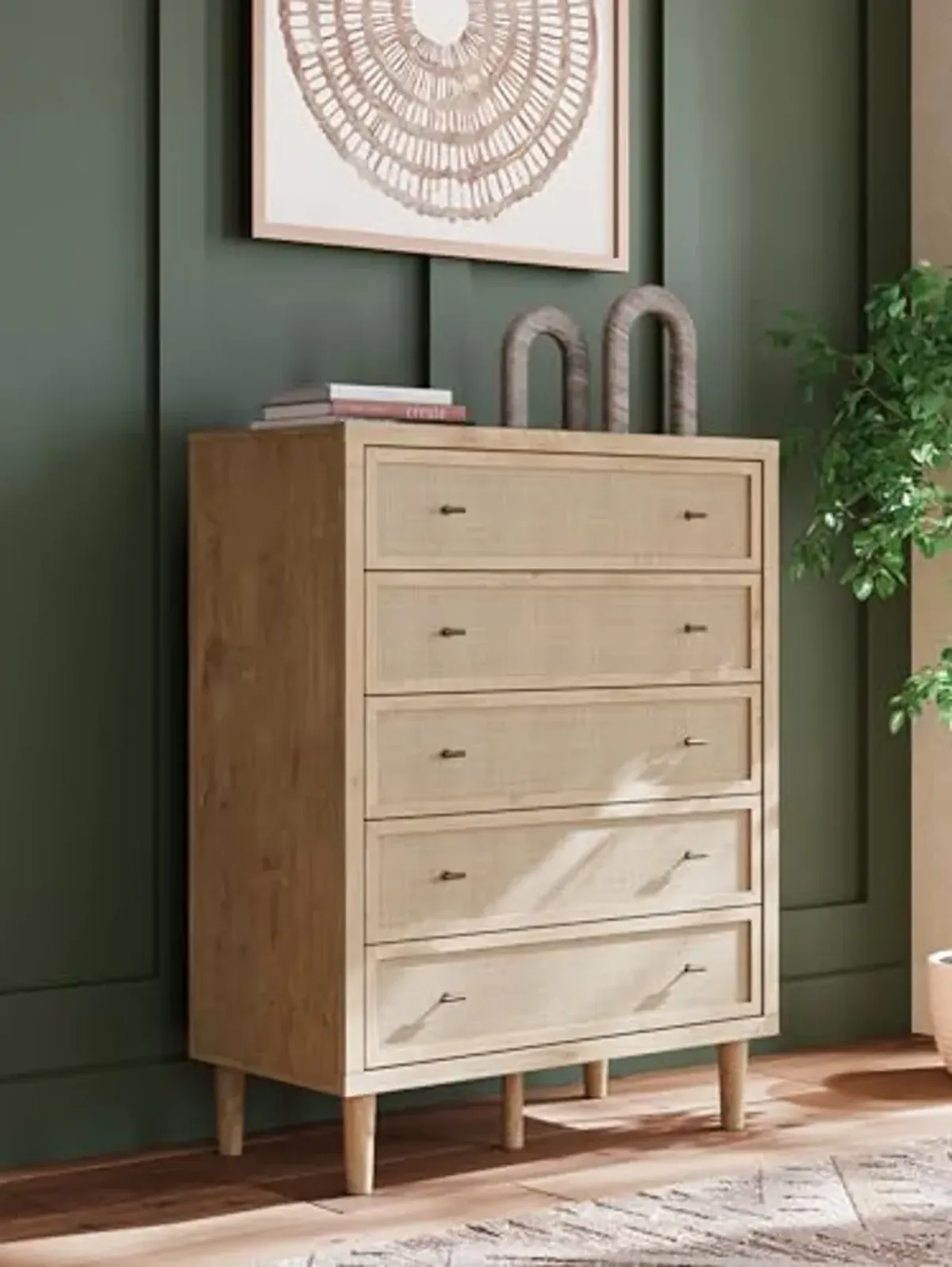 Signature Design by Ashley Cielden Coastal 5-Drawer Chest of Drawers with Safety Stop and Textured Cane Details, Light Brown