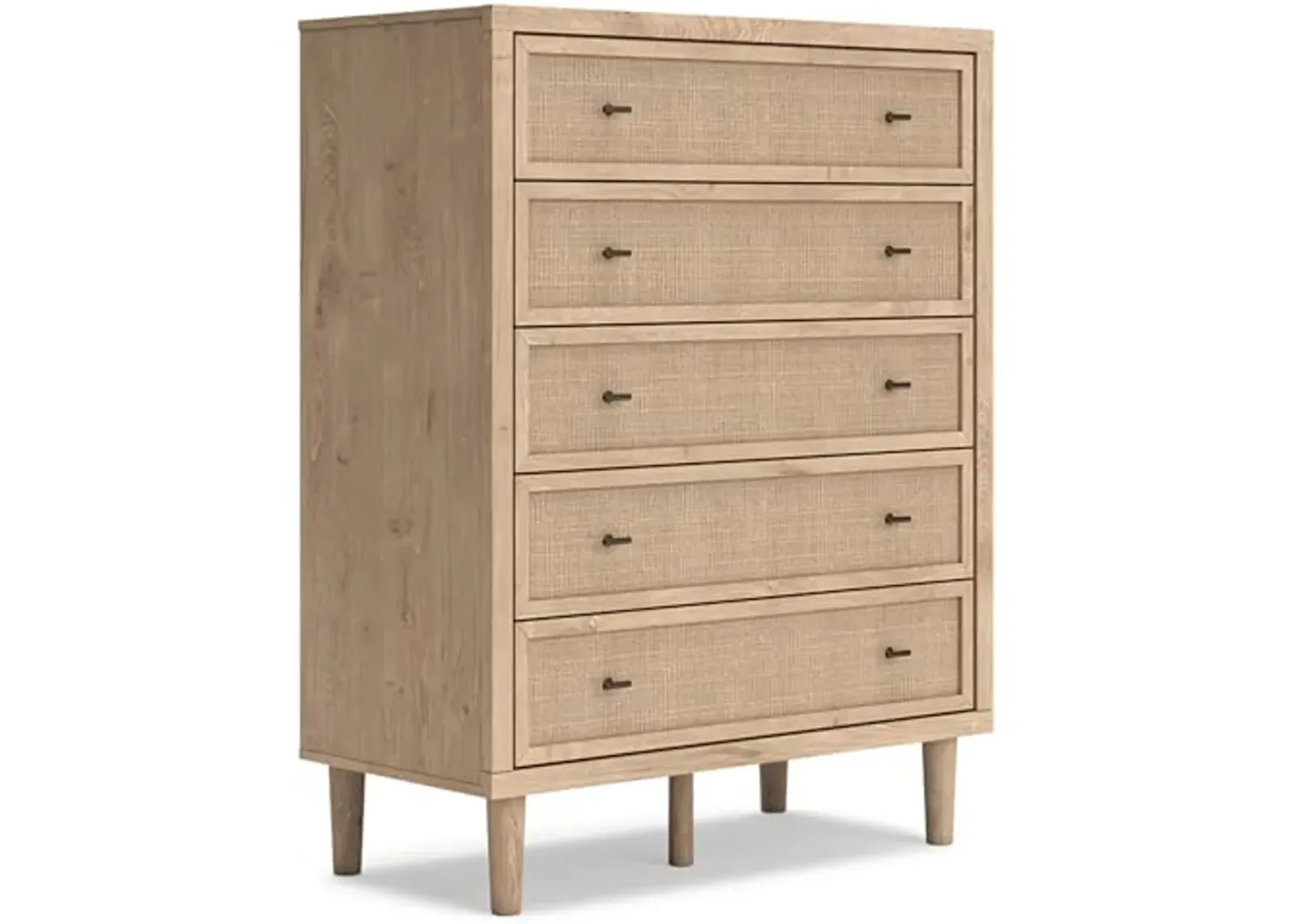 Signature Design by Ashley Cielden Coastal 5-Drawer Chest of Drawers with Safety Stop and Textured Cane Details, Light Brown