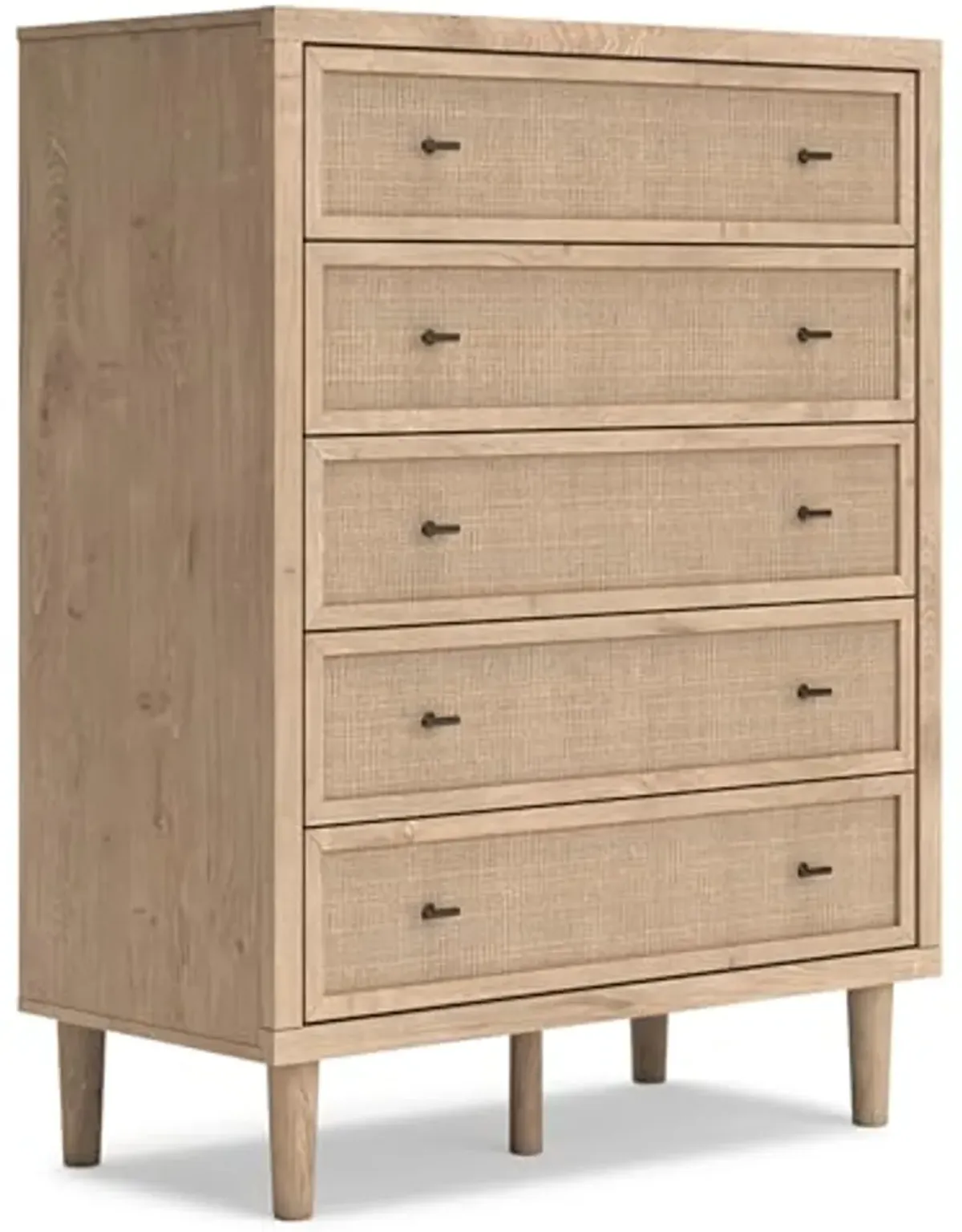 Signature Design by Ashley Cielden Coastal 5-Drawer Chest of Drawers with Safety Stop and Textured Cane Details, Light Brown