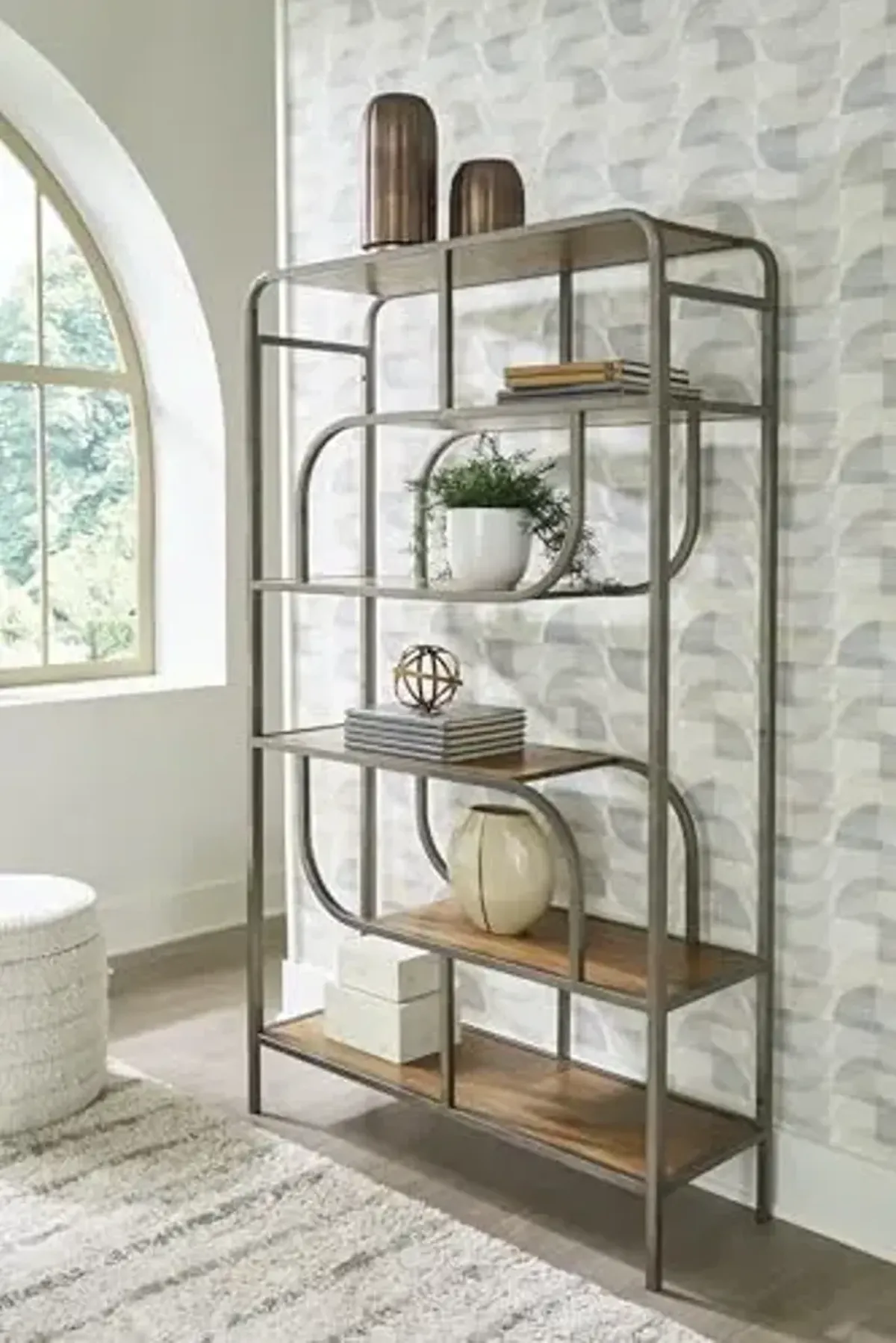 Signature Design by Ashley Jaddon Contemporary Freestanding Etagere 5-Tier 70" Bookcase, Light Brown & Gray