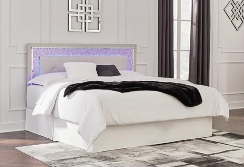 Signature Design by Ashley Zyniden Glam Faux Alligator Effect Tufted Upholstered Panel Headboard with Adjustable Height, LED Lights and Remote, King, Light Gray & Chrome