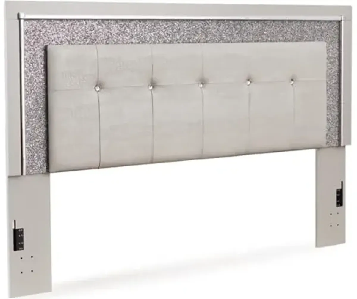 Signature Design by Ashley Zyniden Glam Faux Alligator Effect Tufted Upholstered Panel Headboard with Adjustable Height, LED Lights and Remote, King, Light Gray & Chrome