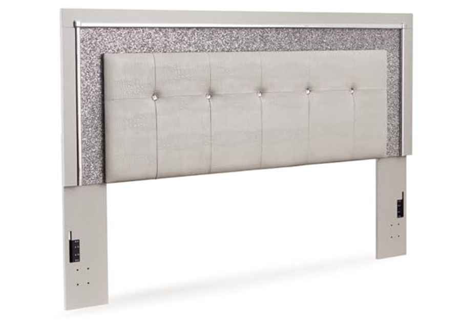 Signature Design by Ashley Zyniden Glam Faux Alligator Effect Tufted Upholstered Panel Headboard with Adjustable Height, LED Lights and Remote, King, Light Gray & Chrome