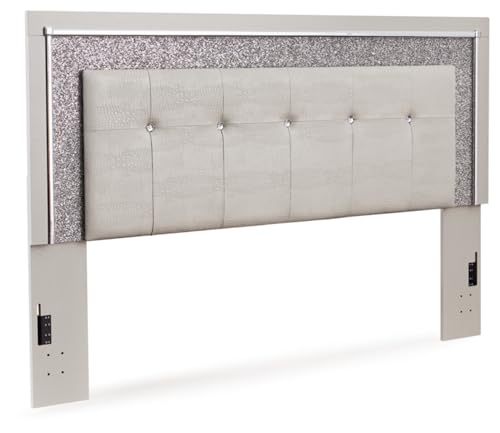 Signature Design by Ashley Zyniden Glam Faux Alligator Effect Tufted Upholstered Panel Headboard with Adjustable Height, LED Lights and Remote, King, Light Gray & Chrome