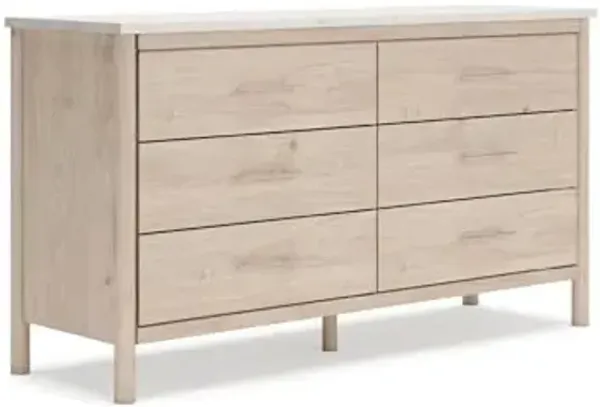 Signature Design by Ashley Cadmori Casual Bohemian Dresser with Post Legs and 6 Drawers, Replicated Marble Top, Wood, 35" High, White and Light Brown Finish