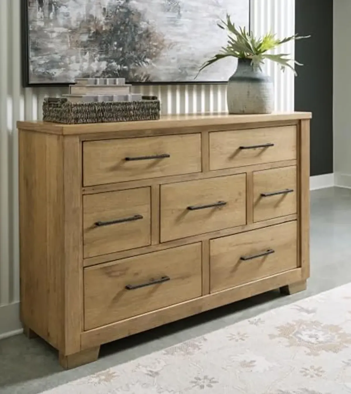 Signature Design by Ashley Galliden Contemporary 7-Drawer Dresser with Safety Stop and Felt Lined Top Drawers, Light Brown