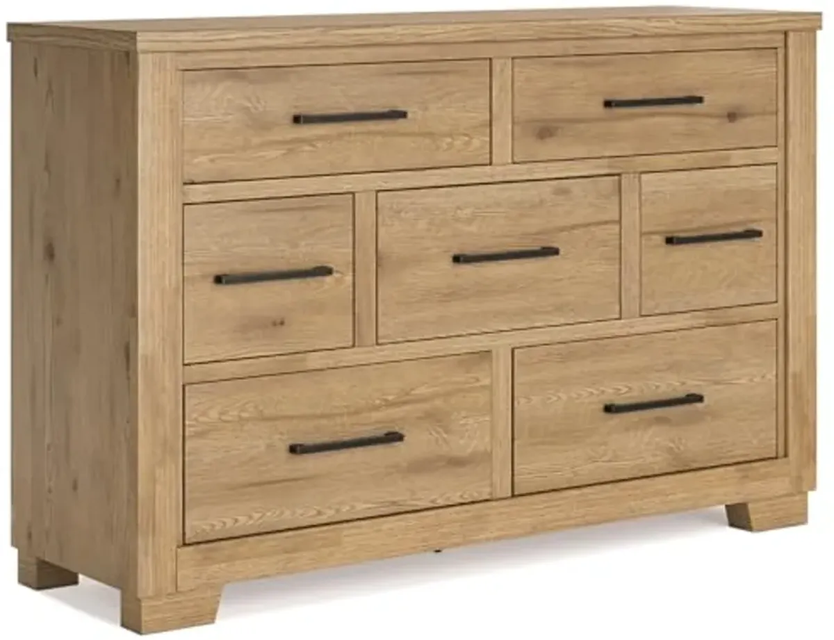 Signature Design by Ashley Galliden Contemporary 7-Drawer Dresser with Safety Stop and Felt Lined Top Drawers, Light Brown