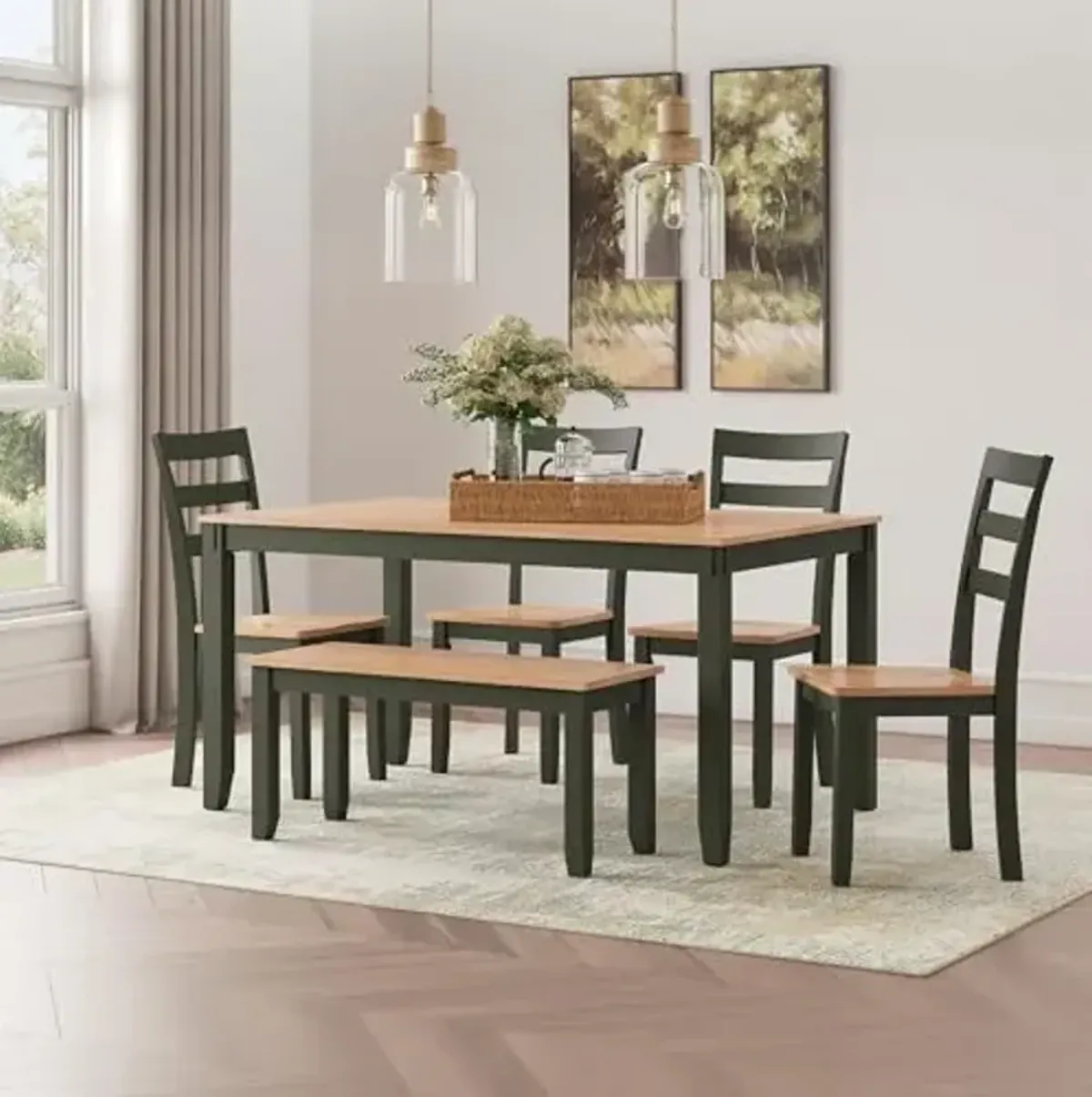 Signature Design by Ashley Gesthaven Modern Dining Table with 4 Chairs and Bench, Set of 6, Green & Light Brown