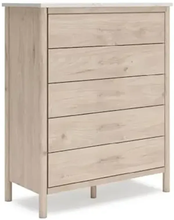 Signature Design by Ashley Cadmori Bohemian 5-Drawer Chest of Drawers with Safety Stop and Post Legs, White & Light Brown