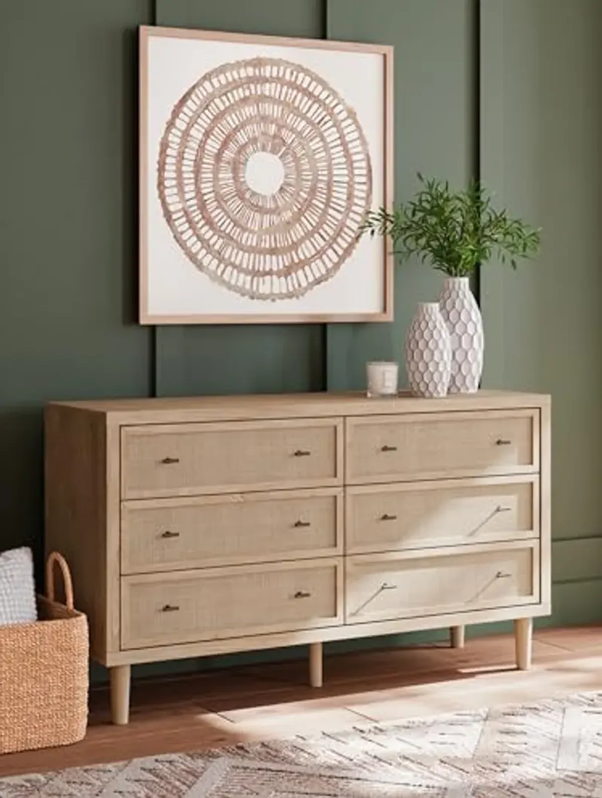 Signature Design by Ashley Cielden Coastal 6-Drawer Dresser with Safety Stop and Textured Cane Details, Light Brown