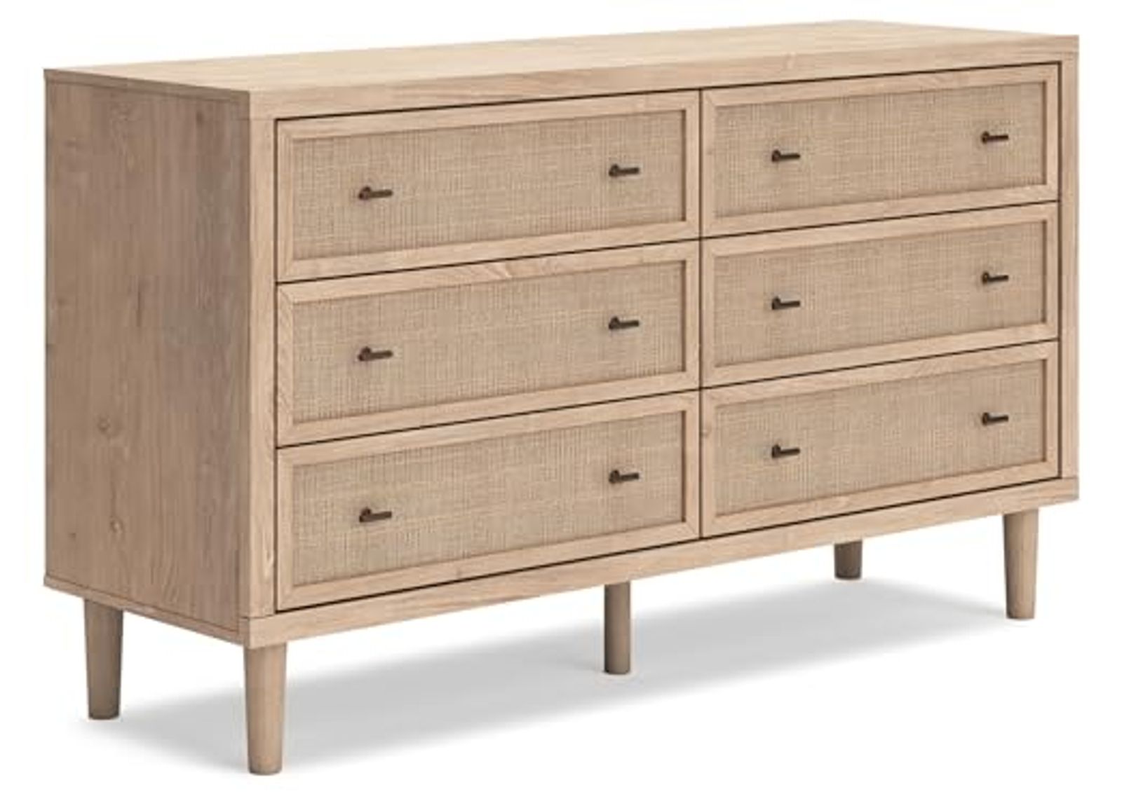 Signature Design by Ashley Cielden Coastal 6-Drawer Dresser with Safety Stop and Textured Cane Details, Light Brown